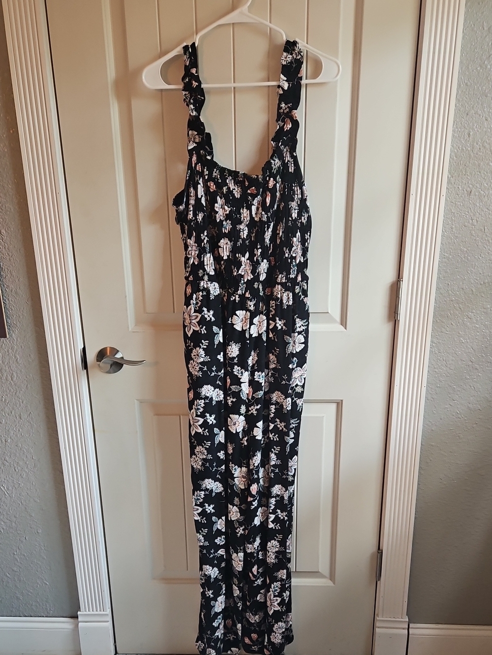 Floral Smocked Pantsuit - Black with White & Pink Floral